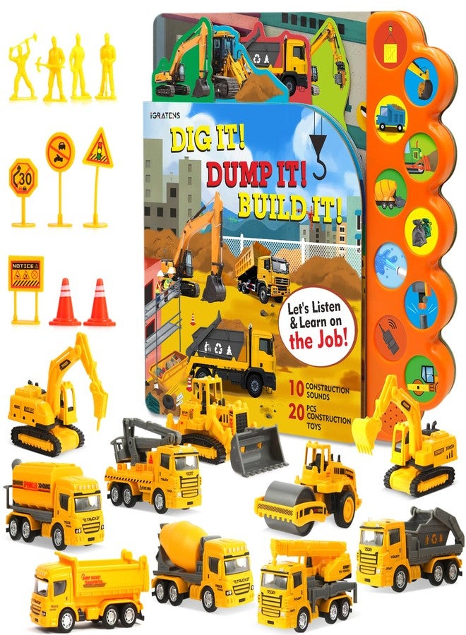 iGRATENS Construction Toys with Sound Books - Dig It! Dump It! Build It! Construction Board Book with 10 Buttons & 20 PCS Toys for 3+ Year Old, Great for Little Alloy Truck Lovers Kids - Image 1